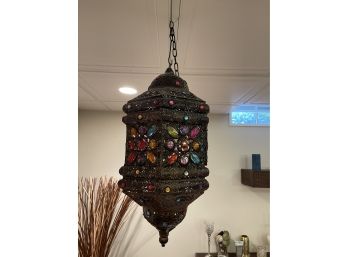 Vintage Metal Bronze Toned Ceiling Fixture With Inlaid Glass