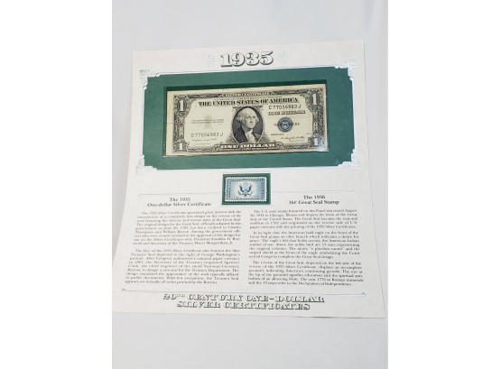 1935 Silver Certificate $1 Dollar Bill With Info History Ans Stamp(no In G)D We Trust)