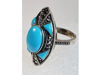 Unique Turquoise Marcasite Vintage Aztec Ring