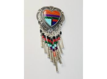 South West Native American Multi-colored Heart Shaped Sterling Silver Inlaid Pin