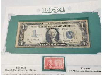 1934 Silver Certificate $1 Dollar Bill Funny Back With Info History And Stamp