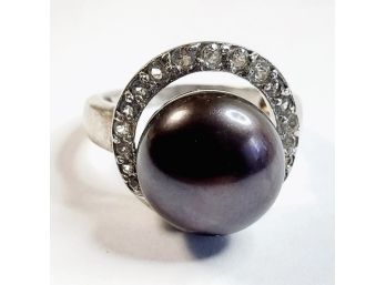 Vintage Black Pearl Sterling Silver With Diamond Ring