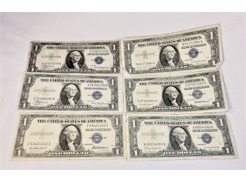 6 Silver Certificates $1 Dollar Bills