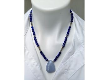 Very Pretty Necklace With Lapis Beads And Chalcedony Pendent And Silver Accents