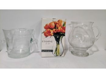 3 Beautiful Glass Containers, Ice Bucket, Etched Pitcher And Still In Box Vase By Luminarc