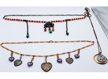 Group Of 3 Necklaces, Heart Necklace, Southwestern Design, And Floral Design
