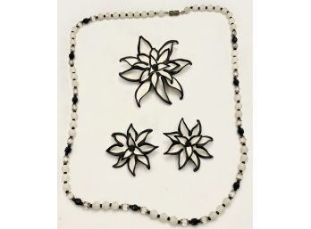 Timeless Black & White Floral Clip-on Earrings, Pin & Beaded Necklace - All Vintage