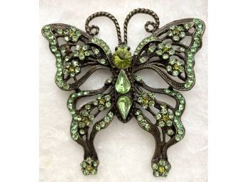 Large Vintage Butterfly Pin In Lime Green Stones