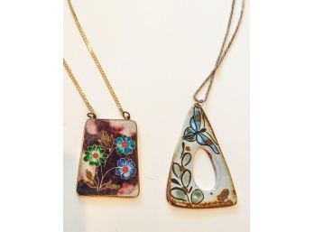 2 Signed Vintage Enamel Pendant Necklaces - One From Mexico