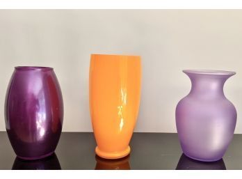 3 Glass Colorful Vases 2 Purple & 1 Orange