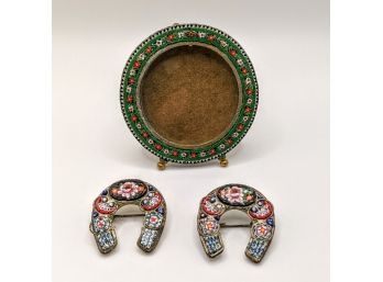 Vintage Mosaic Ceramic Horseshoe Shaped Pins And Round Picture Frame With Attached Stand