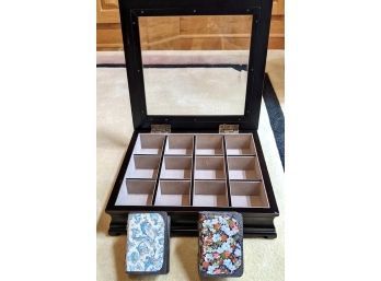 Glass Topped Jewelry Box With 12 Velvet Lined Compartments & 2 Small Handcrafted Jewelry/trinket Boxes