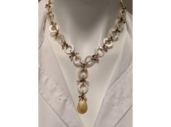 Fabulous Vintage Abalone Shell Drop Necklace With Small Iridescent Pink Beads