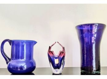 Three Colored Art Glass Vases - One  Rubin Glass Czech Multi-Color