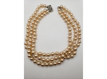 Triple Strand Vintage Faux Pearl Necklace With Pretty Rhinestone Clasp