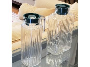 Vertical Ribbed Glass Pitchers With Green Lids