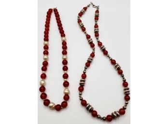 2 Glass Bead Necklaces, One With Red Beads/silver Plated Beads And One With Red Beads And Pearls