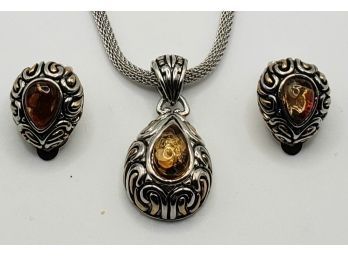 Amber And Silver  Plated Necklace With Clip On Earrings