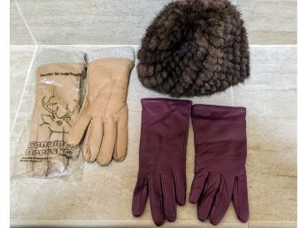 Mink Hat And Two Pair Of Designer Leather Gloves One Pair Are Genuine Deerskin, And The Other LandsEnd