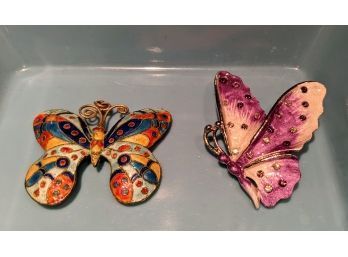 Two Gorgeous Multi Colored Enamel Butterfly Pins Vintage 60's