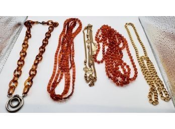 Group Of 5 Necklaces That Can Be Worn Together, 2 Orange, Lucite, 2 Vintage Gold Plate And One Chain Link