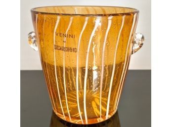 Venini For Disaronno Of Italy, Stunning Amber Colored Glass Ice Bucket With White Stripes - Rare