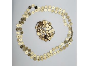 Dazzling Hammered Gold Colored Coin Like Necklace And Elastic Bracelet
