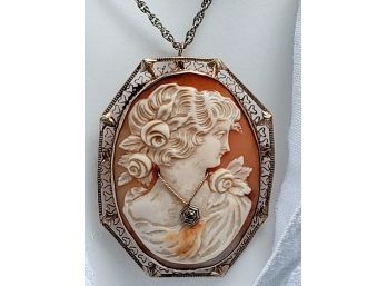 Exquisite Antique Or Vintage Cameo Necklace On 14k White Gold Chain