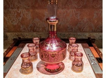 Fabulous Bohemian Or Venetian?  Hand-painted Rose/Gold Glass Decanter With 6 Matching Colored Shot Glasses