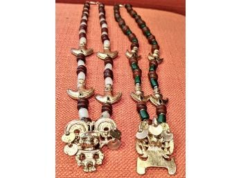 2 Unusual Beaded Necklaces With Brass Spiritual Figures Pendants