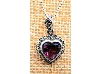 Amethyst Sterling Pendent Surrounded By Marcasite. Stamped 925 Pendant And Chain
