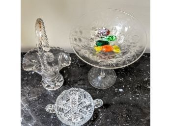 Very Pretty Crystal Candy Dish With 4 Murano Glass Candies, Small Crystal Glass Basket, Small Crystal Bowl