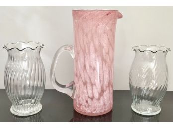 Pink Swirl Art Glass Vase Pitcher And 2 Hand Blown Glass Lanterns
