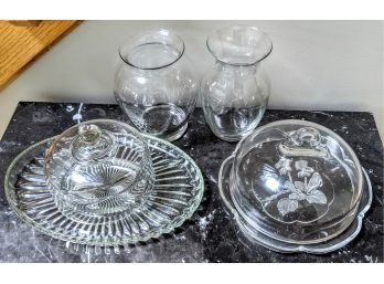 2 Covered Glass Plates One With Cut Glass And The Other Etched Glass, 2 Glass Flower Vases