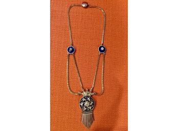 Scalloped Swag Edwardian And Victorian Style Antique Necklace With Cobalt Blue Enamel Accents - Awesome!