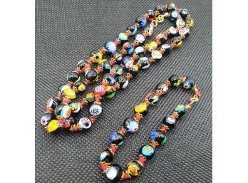 Vintage Glass Millefiori Bead Necklace And Bracelet From Murano Italy. 1960's Or 70's.