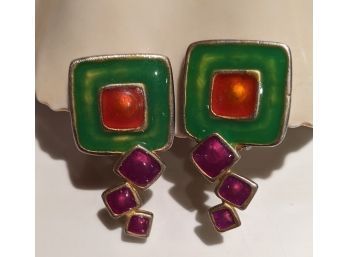 Very Rich Colors In These Enamel Plated Vintage Earrings (mostly Likely Late 60's Or Early 70's