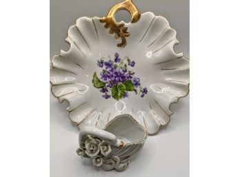 GC Fine China Hand Painted Candy Bowl With Gold Rim And Unmarked China Swan Antique Jewelry Holder