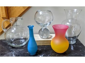 Pretty Grouping Of 4 Glass Vases And One Glass Pitcher