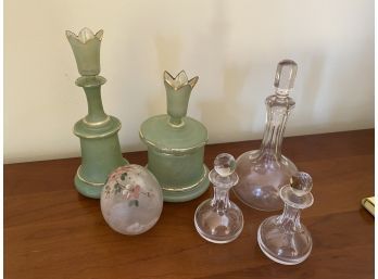 Vintage Dressing Table Green & Gold Perfume Set, Clear Glass Set, Etc