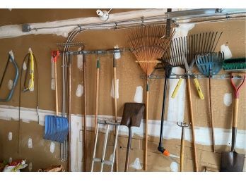 Tools  Of Garage Wall,  Rakes, Broom, Shovels  And More