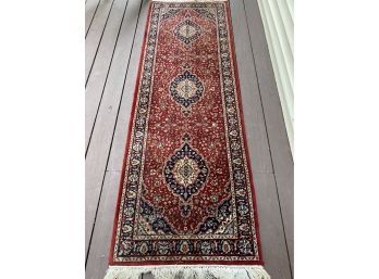 A Vintage Blue , Brown & Red Hand Made  Runner 31' X 95'