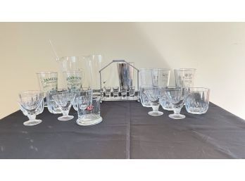 Vintage Bar Ware , Shot Glass  With Stand, Mixing Bar  Glass, Pitchers With Stirrer & More