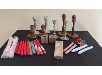 Group Of Candlestick & Candles - Pewter, Wood, Stone & Wood