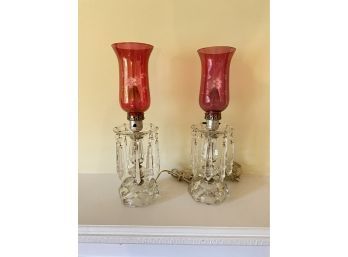 Vintage Etched Floral Motif Ruby Red  Hurricane Glass Lamps With Crystal Details