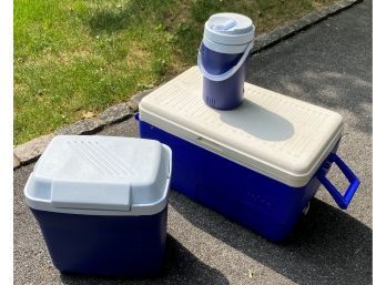 Igloo Cooler, Rubbermaid Cooler And Rubbermaid Water Jug