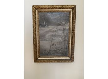 An Antique Framed Winter Scene Painting On Board Signed H. Green