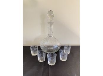 Etched Glass Decanter With Stopper & 5 Glasses