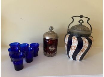 Vintage Blue Glasses, Antique Lidded Pickle Jam  Jar & More.
