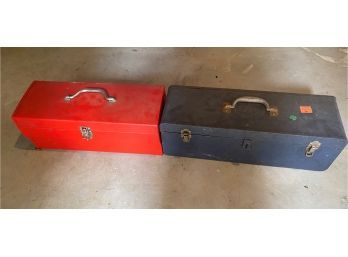Two Metal Tool Boxes With Assorted Tools - Black & Decker 3/8 VSR Drill, Oxwall Wrench Set, Etc.